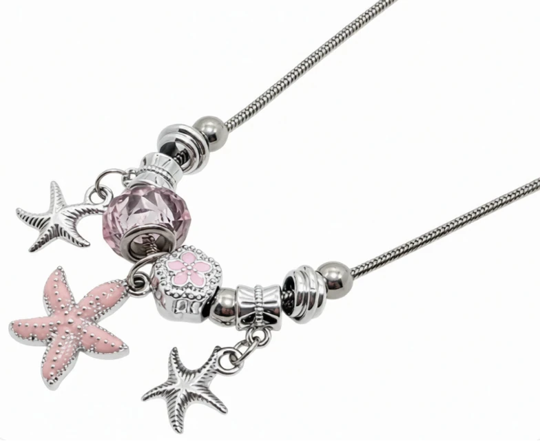 Cadena de acero quirurgico con dije simil pandora estrellas rosa 45cm + 5cm